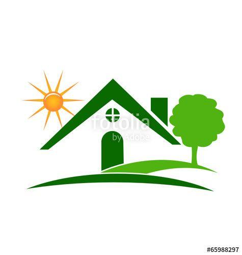 Sun and Green Logo - Real estate green house tree and sun logo vector Stock image