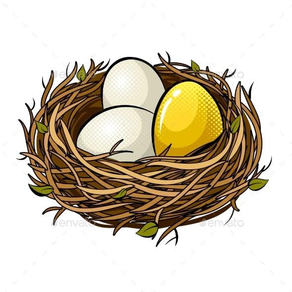 Golden Egg Logo - Nest with Golden Egg Pop Art Vector Illustration