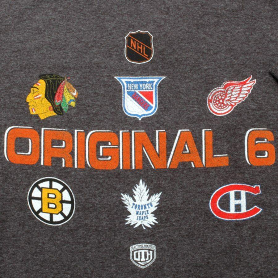 NHL Original 6 Logo - Mens Original 6 Old Time Hockey Charcoal Briggs Distressed Logo T Shirt