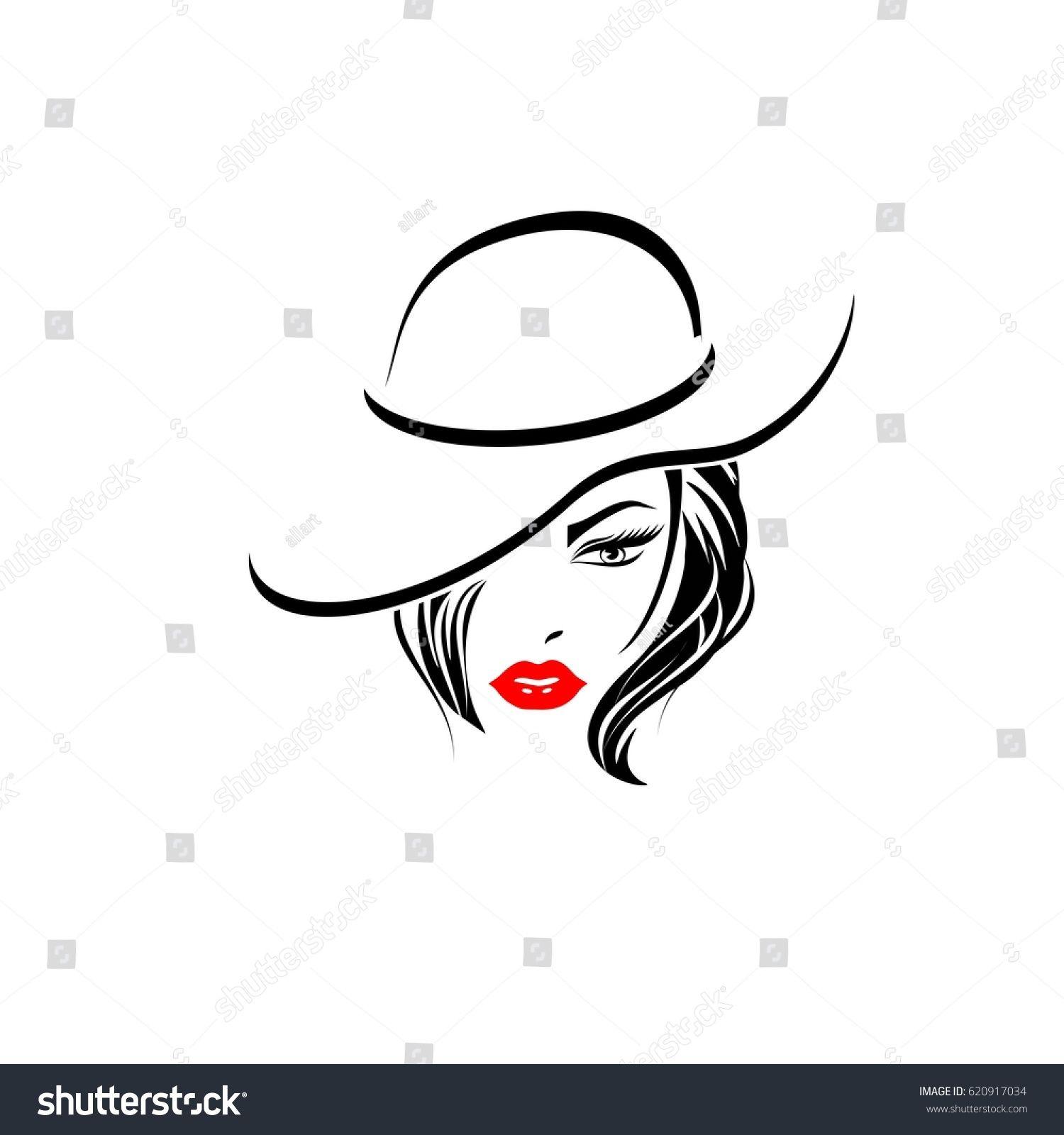 Red Hair and Face Logo - Woman in hat with red lips. Long hair style icon, logo women face on ...