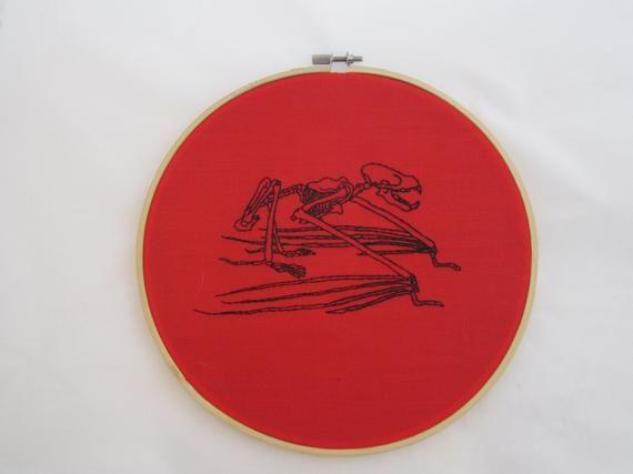 Black Red Bat in Circle Logo - Black on Red Bat Skeleton Embroidered Hoop Art