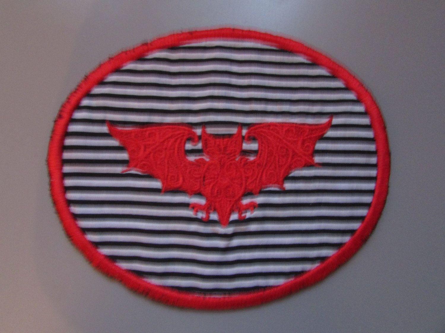 Black Red Bat in Circle Logo - Red Bat Sew on Patch Applique Gothic