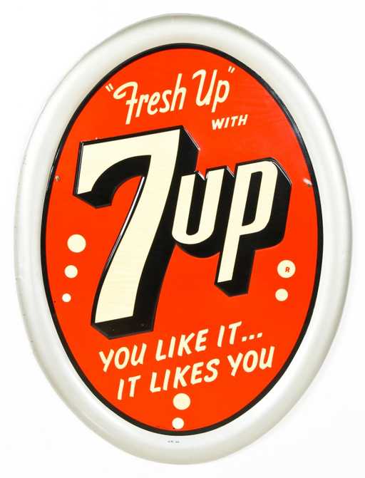 Vintage 7Up Logo - Large Vintage 7up Oval Embossed Metal Sign