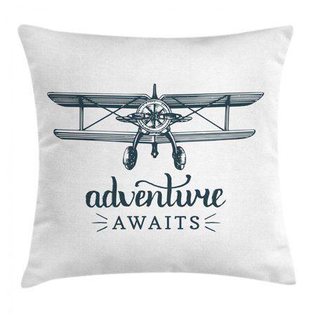 Flying Aircraft Logo - Adventure Awaits Throw Pillow Cushion Cover, Vintage Airplane Logo