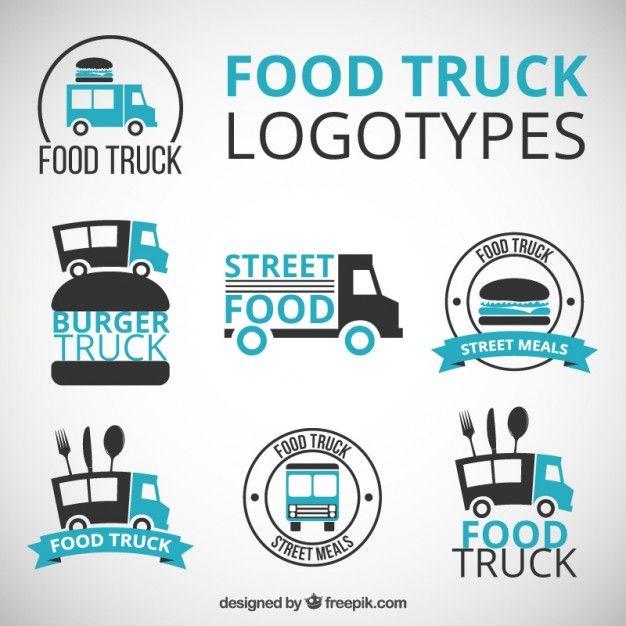 Food Truck Company Logo - Hand drawn food truck logos with blue details Vector