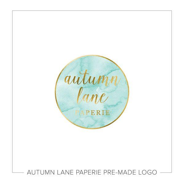 Teal and Gold Logo - Gold Foil Circle Logo on Turquoise Watercolor. Autumn Lane Paperie