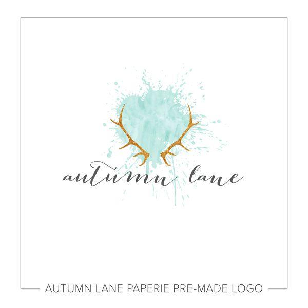 Teal and Gold Logo - Gold Antlers on Blue Watercolor Logo. Autumn Lane Paperie