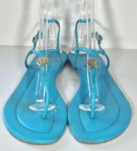 Teal and Gold Logo - Tory Burch Emmy Teal Blue Leather Gold Logo Sandals Women Sz 9.5