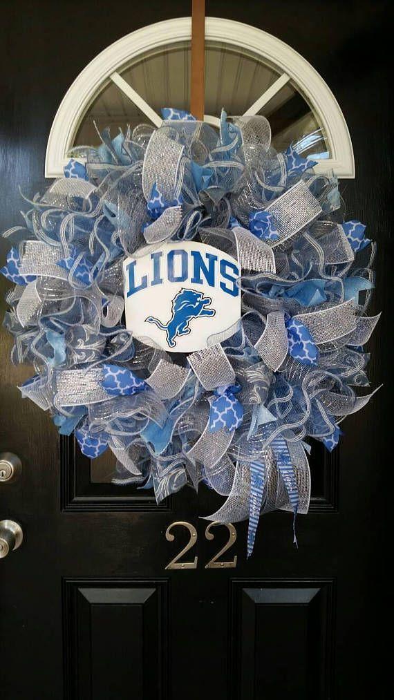 Silver Lions Football Logo - Large Mesh Ribbon Detroit Lions Football Wreath Blue White Silver ...