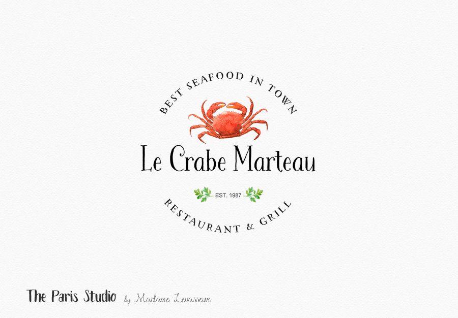 Crab Restaurant Logo - Watercolor Crab Vintage Restaurant Logo Design by Madame Levasseur ...