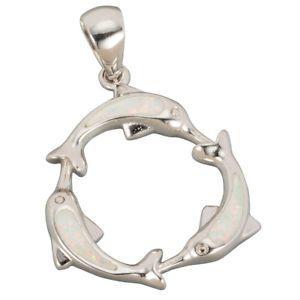 Dolphin Circle Logo - White Fire Opal Inlay Three Dolphin Circle Silver Jewellery Pendant ...