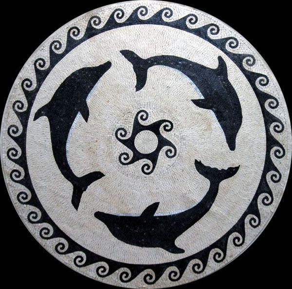 Dolphin Circle Logo - Agape Tile - Three Dolphins Handcut Stone Mosaic Medallion 60 ...