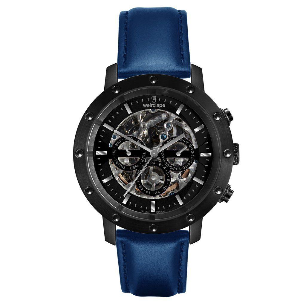 Indigo Blue and Black Logo - Icarus 3-Dial - All Black / Indigo Blue Leather Skeleton Watch ...
