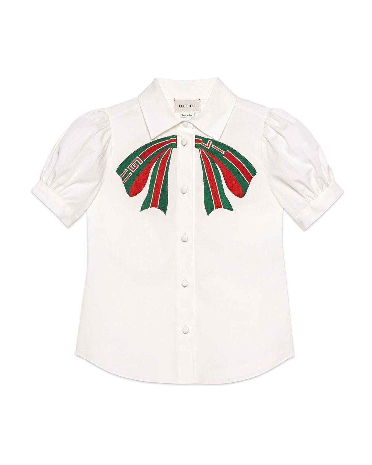 Puffy White Logo - Lyst - Gucci Puffy-sleeve Collared Top W/ Logo Bow Applique in White