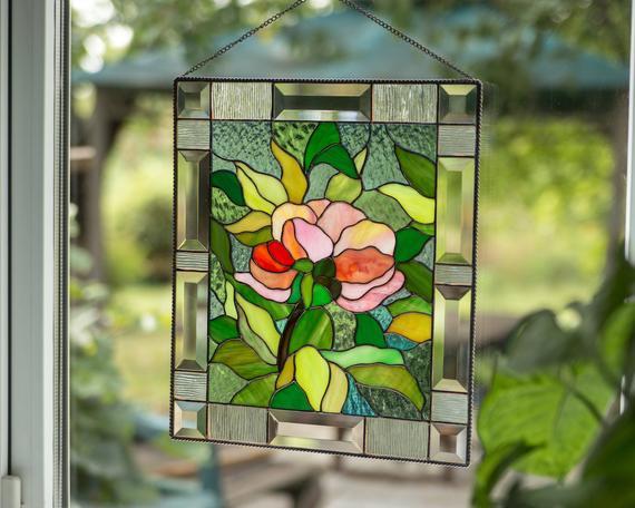 Stained Glass Flower Logo - Modern stained glass peony wall art Custom stained glass