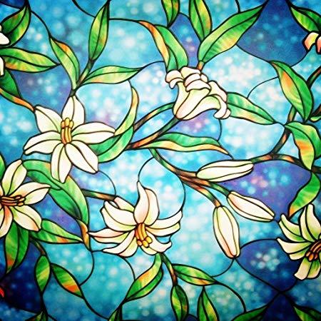 Stained Glass Flower Logo - Privacy Window Film, EveShine PVC Flowers Frosted Non Adhesive