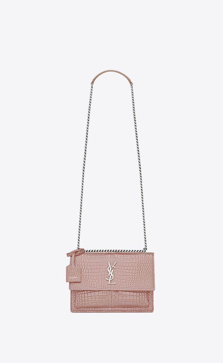 Crocodile with Pink Logo - Saint Laurent Medium SUNSET Bag In Powder Pink Crocodile Embossed