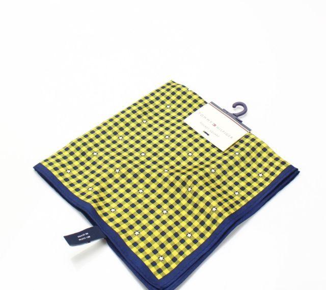 Looking Square Blue Yellow Stars Logo - Tommy Hilfiger NEW Blue Yellow Gingham & Stars Plaid Silk Pocket
