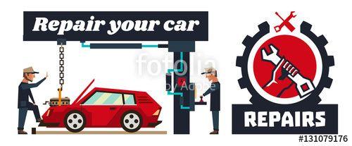 Vehicle Repair Logo - Horizontal banner template on car repairs. Logo, hand holding a ...