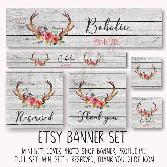 Rustic Facebook Logo - Rustic Etsy Banner Set Floral Peonies Antlers Wooden Facebook | Etsy