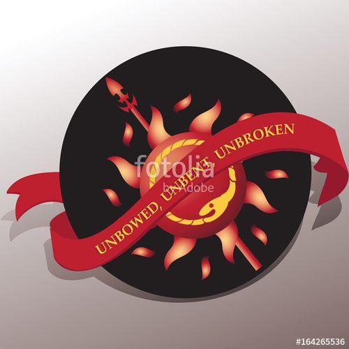 Black and Red Spear Logo - Sun, spear and ribbon with the inscription UNBOWED, UNBENT, UNBROKEN ...