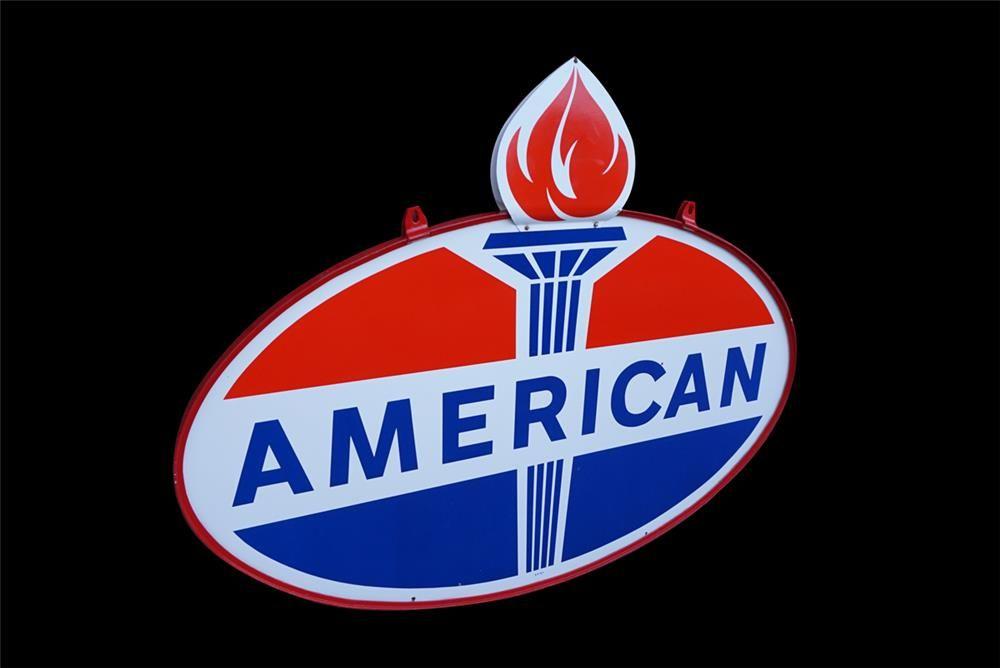 Red and Blue Torch Logo - Very clean large 1967 American Gasoline double-sided porcelai