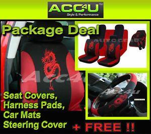 Black and Red Dragon Logo - Pc Black Red Dragon Logo Car Seat Covers Set Mats Steering Cover