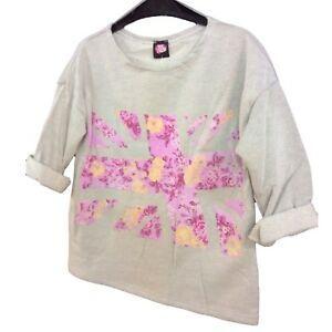 Pink Cross Logo - Girls Pink Floral Cross Logo Grey Marl Sweatshirt 3/4 Sleeve | eBay