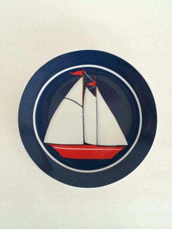 Red White Blue Sailboat Logo - Nautical Sailboat Plate in Vivid Red White Blue / Charming