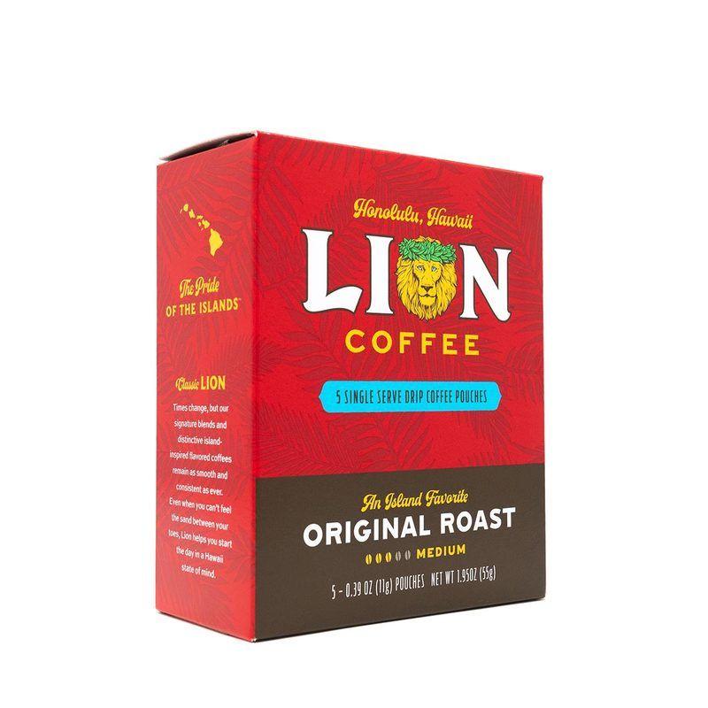 Angled Red Box Logo - Lion Original Roast Single Serve Drip Coffee Pouches