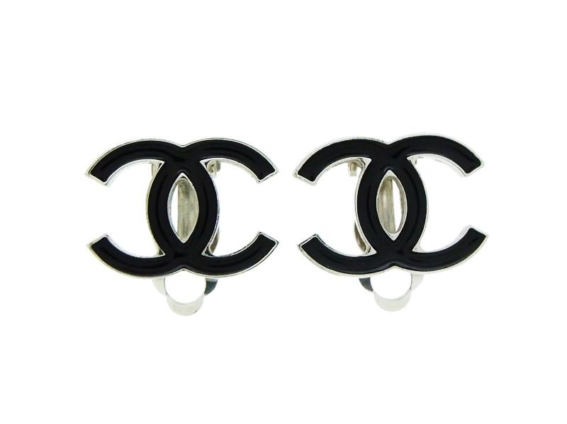Double CC Logo - Chanel earring black silver CC logo double C Authentic
