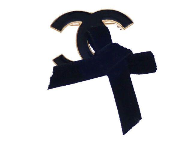 Double CC Logo - Authentic CHANEL Vintage CC Logos Ribbon Brooch Pin Corsage Black
