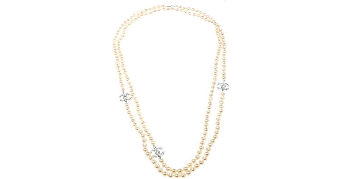 Double CC Logo - Lyst - Chanel Double Cc Logo Faux Pearl Silver Tone Long Necklace in ...