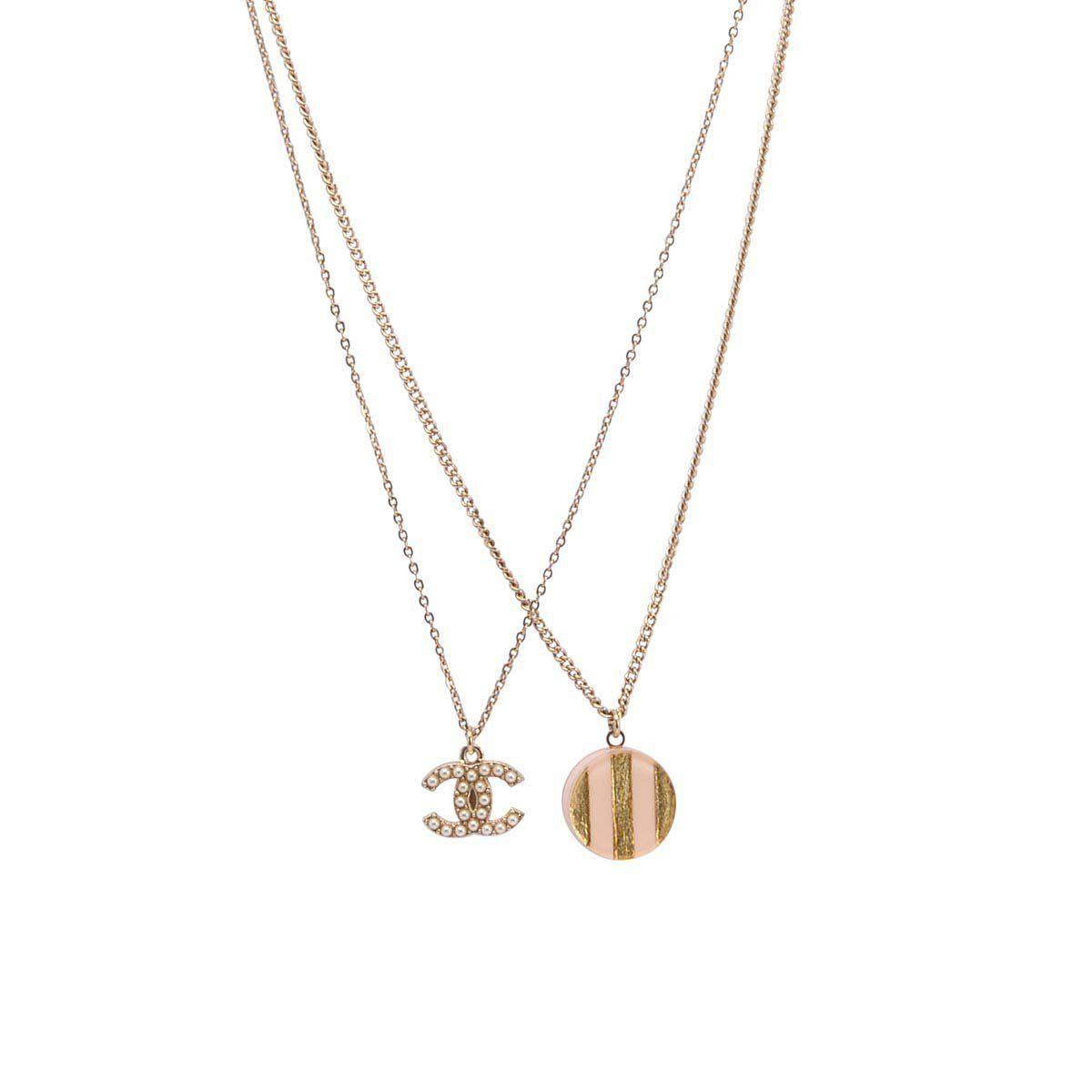 Double CC Logo - Chanel Gold & Pink Double Chain CC Logo Necklace