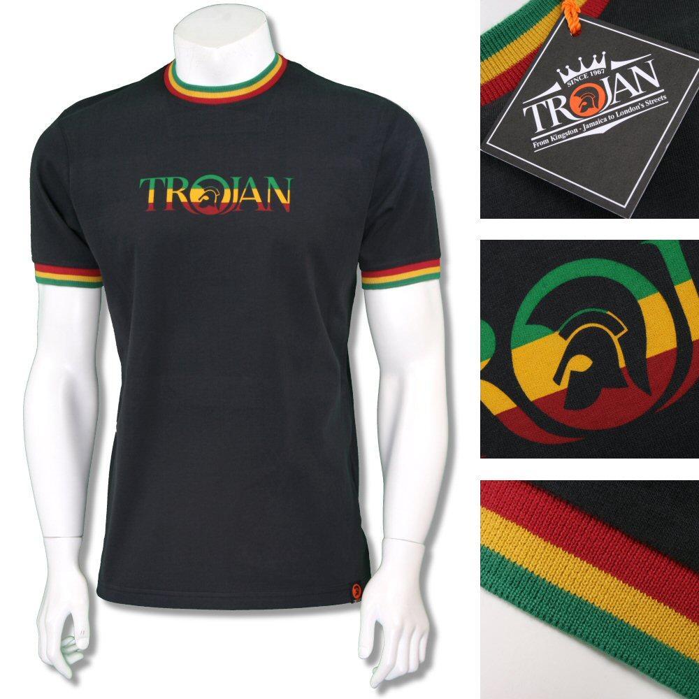 LRG Rasta Logo - Trojan Records Mens Retro Rasta Logo Ringer T Shirt Black. Adaptor