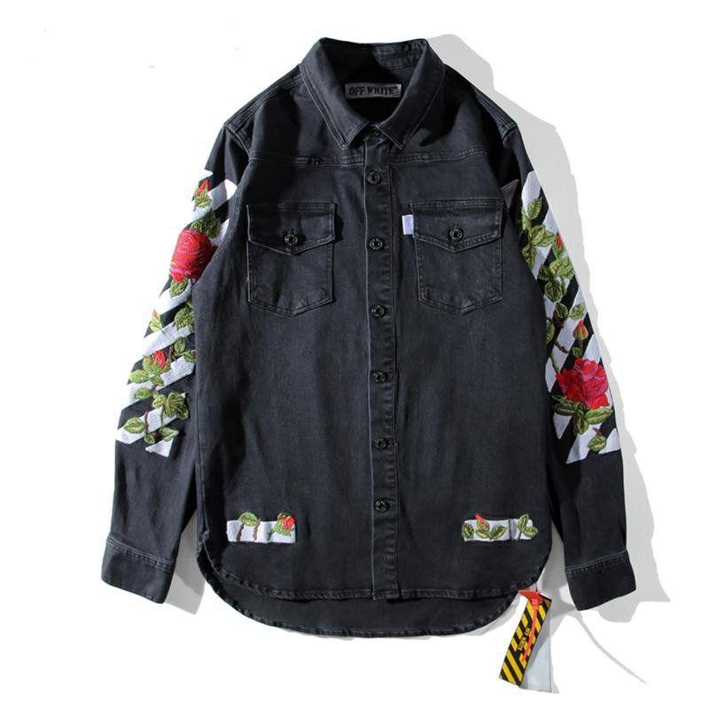 Rose Off White Brand Logo - OFF WHITE FW Denim Jacket Rose Embroidered Coat for Men and Women ...