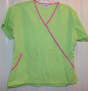 Peaches Scrubs Logo - PEACHES SCRUBS WOMENS SIZE L GREEN PINK MOCK WRAP SCRUB TOP