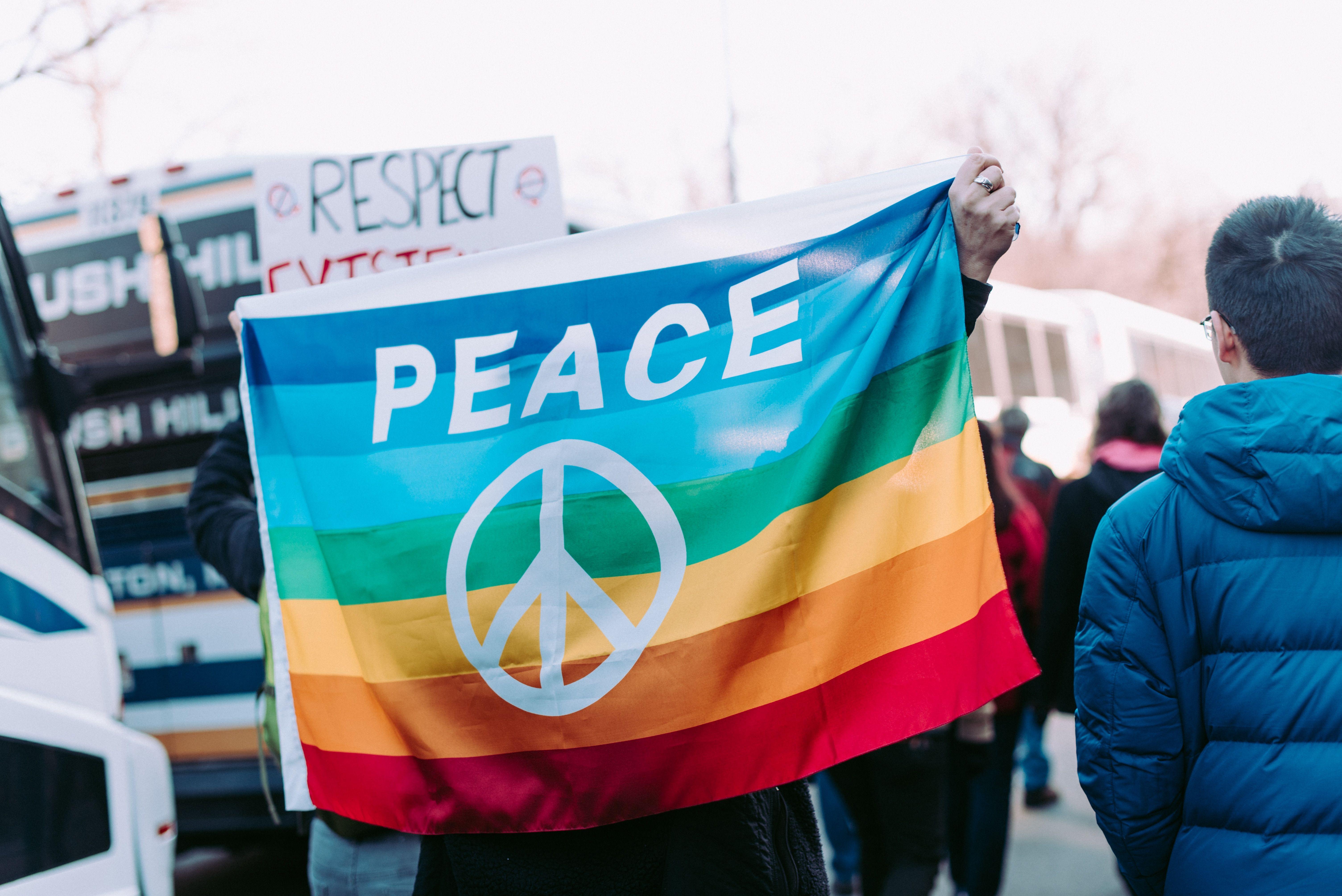 Person Holding Rainbow Logo - person holding peace banner free image | Peakpx