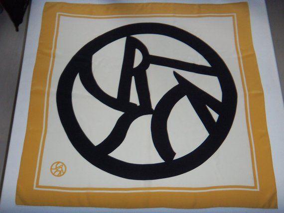Yellow Circle Black Hand Logo - Vintage LOGO silk scarf White Yellow Black hand rolled | Etsy