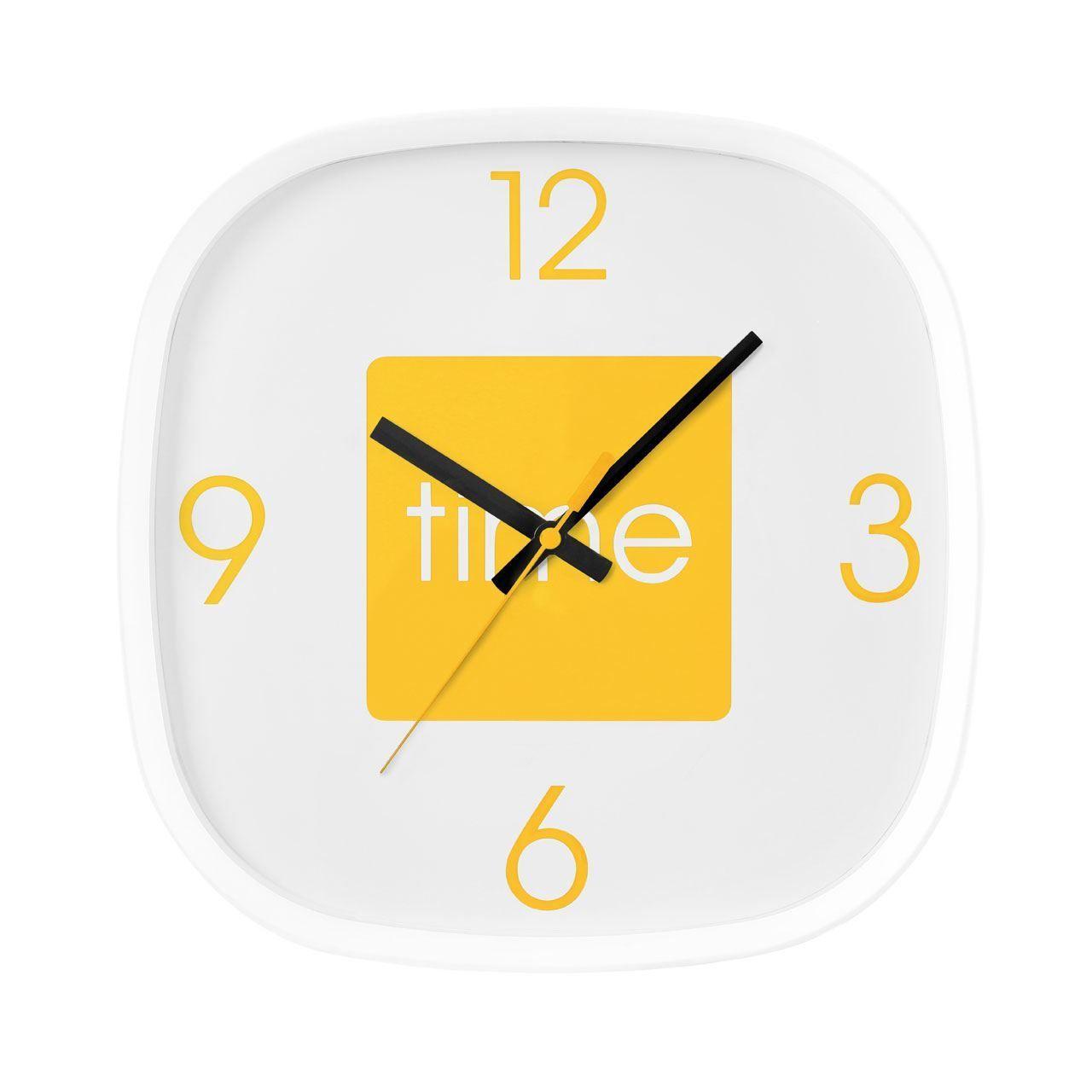 Yellow Circle Black Hand Logo - Arco Wall Clock | Curved Square Design | White with Yellow Detail ...