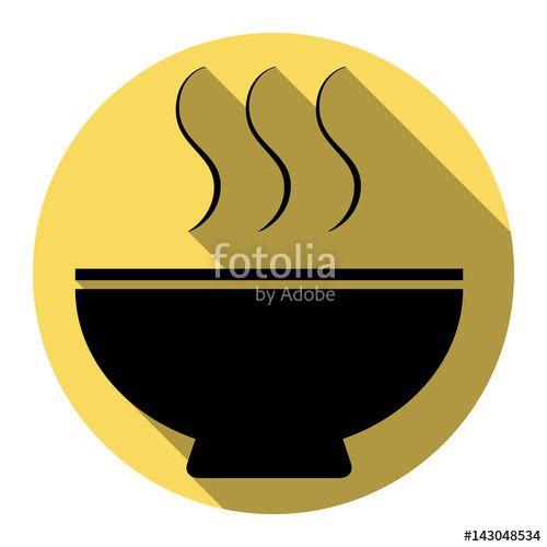 Yellow Circle Black Hand Logo - Soup sign. Vector. Flat black icon with flat shadow on royal yellow