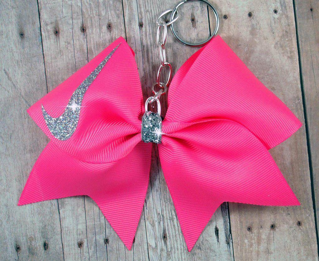 Hot Pink Nike Logo - Hot pink Nike cheer bow keychain
