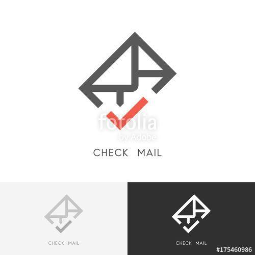 White and Red Envelope Logo - Check mail logo or letter with red checkmark or tick