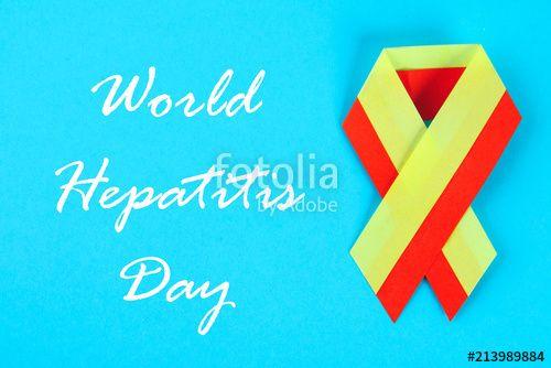 Red Blue Yellow Ribbon Logo - World Hepatitis Day. June 28th. Red yellow ribbon on a blue table ...
