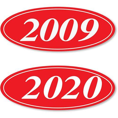 Red and White Oval Logo - 4 Digit Oval Car Year Stickers & White. Auto Dealer Marketing