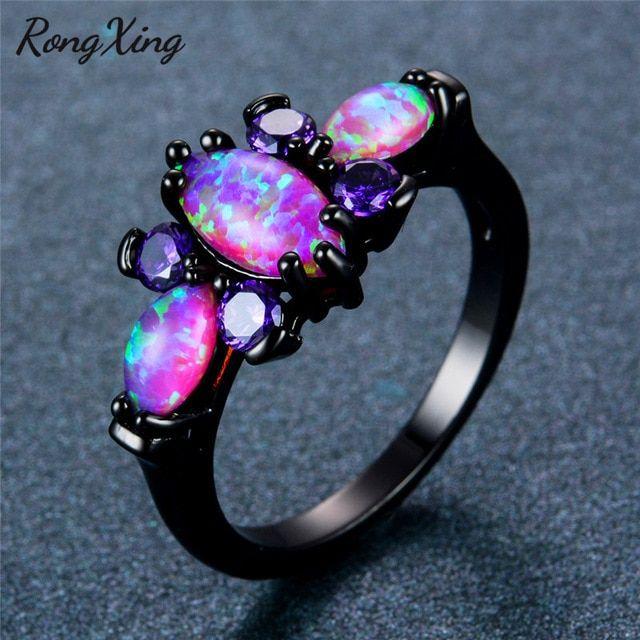 Black Blue Purple and Gold Logo - RongXing Purple Fire Opal Butterfly Rings For Women Vintage Black