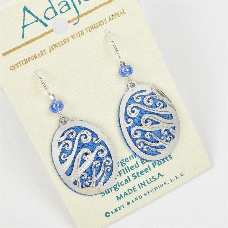 Blue Oval Swirl Logo - Adajio Earrings - Blue Oval with Shiny Silver Swirls Overlay - TALICH