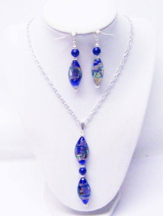 Blue Oval Swirl Logo - Blue Oval Swirl Glass Bead Pendant Necklace & Earrings Set
