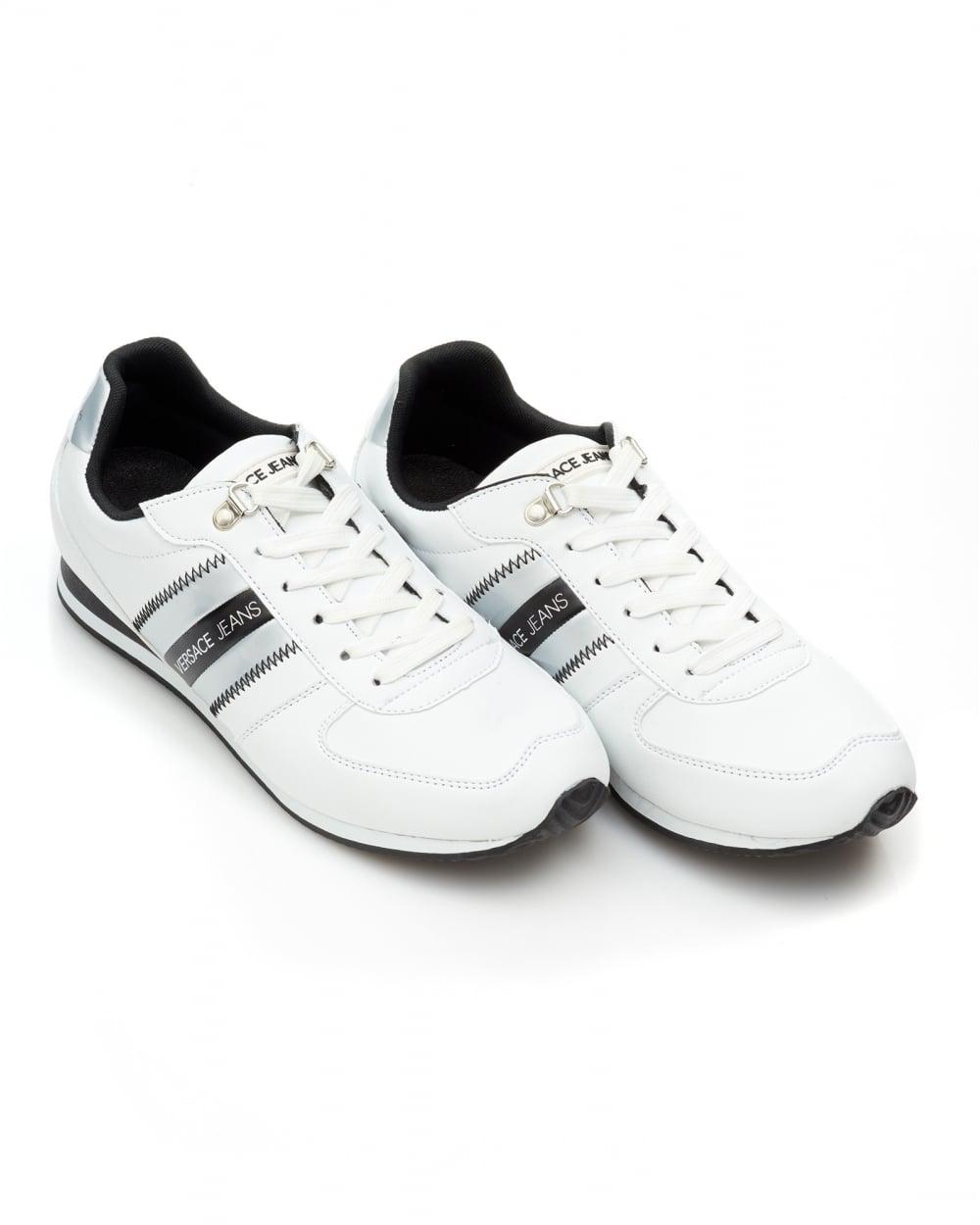 Black and White Lace Up Logo - Versace Jeans Mens Stripe Logo Trainers, Lace Up White Sneakers
