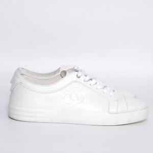 Black and White Lace Up Logo - CHANEL White Leather Low Top Sneakers Lace Up CC Logo Trainers Shoes ...